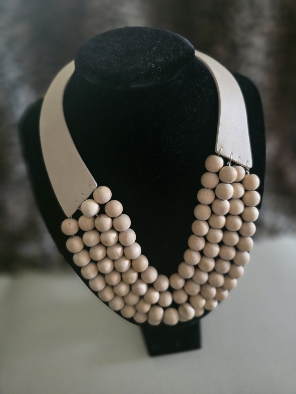 Beige Wooden Multi-Strand Bead Necklace